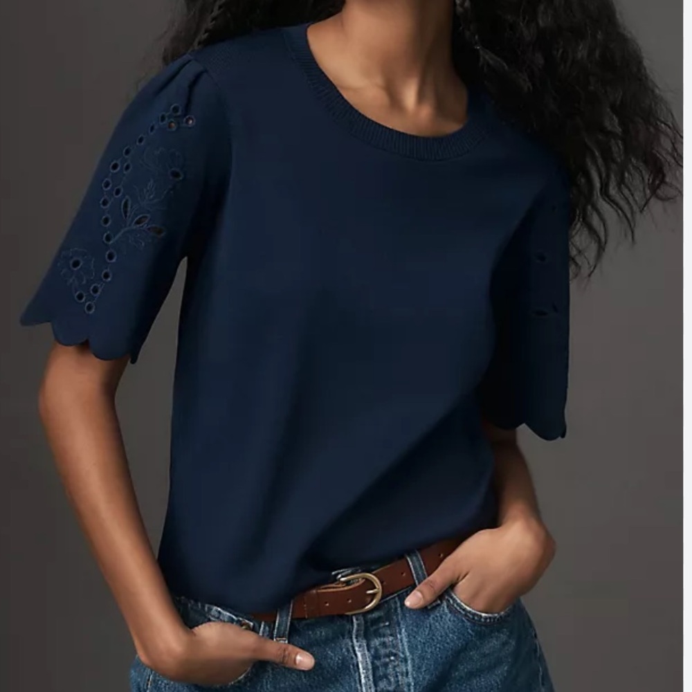 Anthropologie Maeve Twofer Sweater Tee Navy Blue Eyelet Sleeve Top Knit Twee